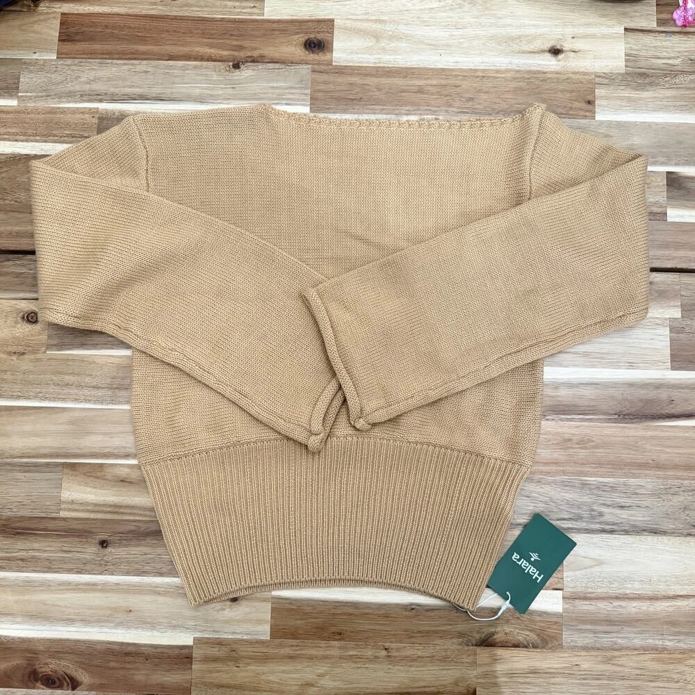 Halara Beige Ribbed Knit Pullover Sweater Boat Neck Long Sleeve